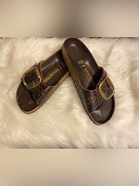 Birkenstock Madrid Croc-Embossed Leather Slide Sandals - Brown